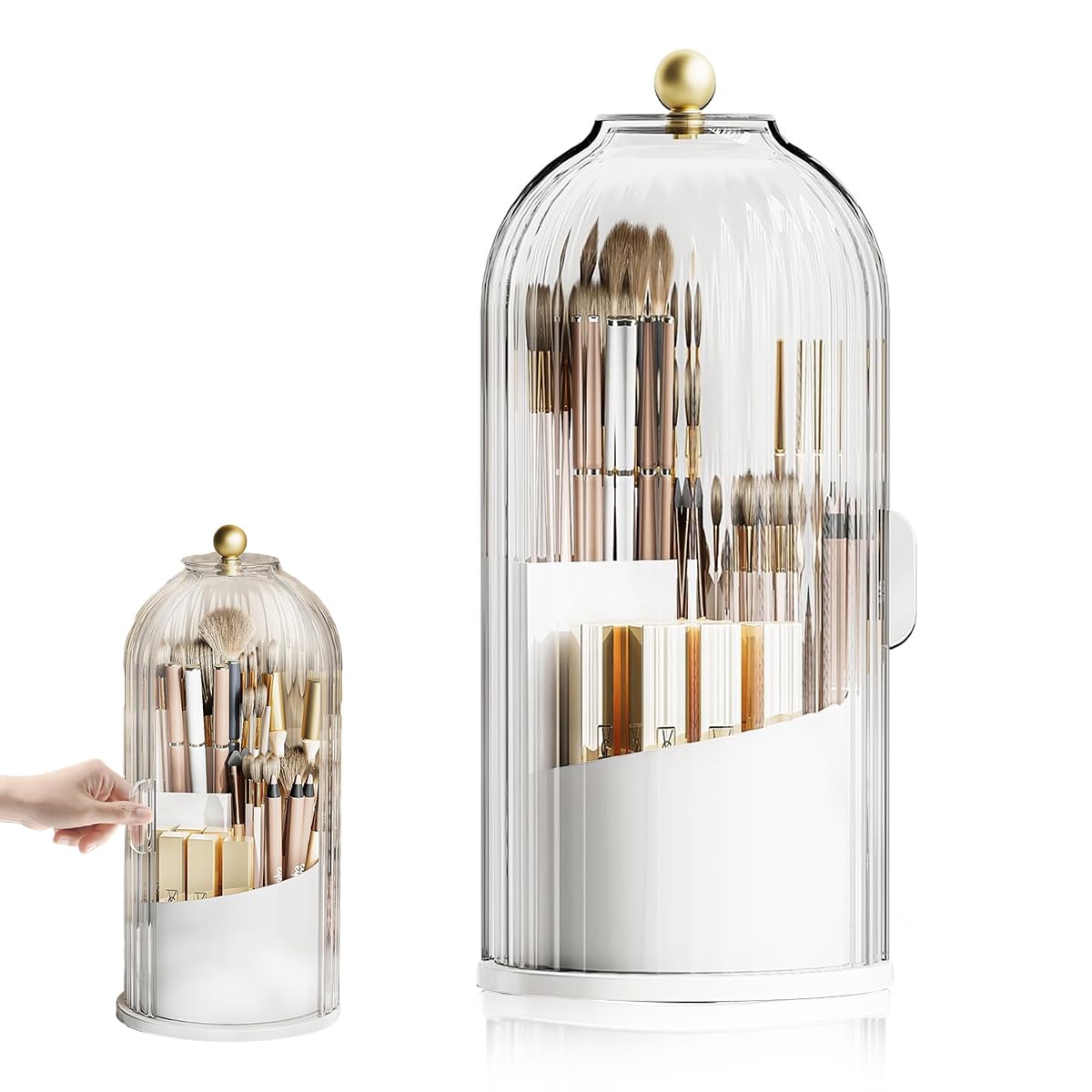 MAYCREATE Makeup Brush Holder Organizer with Lid, 360° Rotatable Makeup Brushes Storage Case, Dustproof Clear 3-Grid Cosmetic Organizer Stand for Vanity Desktop Bathroom MAYCREATE Makeup Brush Holder Organizer with Lid, 360° Rotatable Makeup Brushes Storage Case, Dustproof Clear 3-Grid Cosmetic Organizer Stand for Vanity Desktop Bathroom